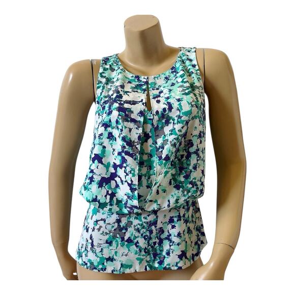 Ann Taylor Tops - Ann Taylor Blouse Womens 2 Abstract Teal Blue Sleeveless Draped Front Back Zip